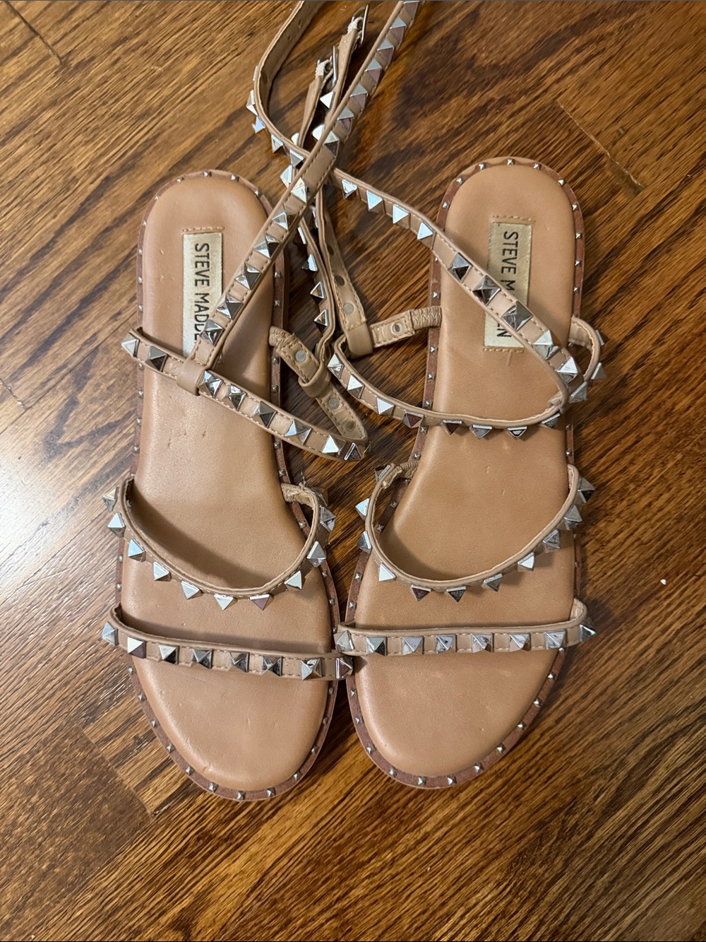 Steve Madden Nude/Tan Pyramid Stud Ankle Wrap Sandals